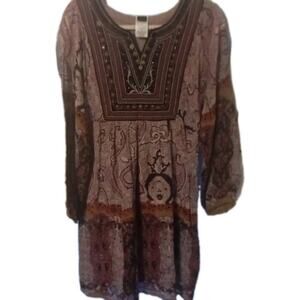 Bila Size S Brown Pink Paisley Beaded Tunic Top Boho Hippie Mini Dress